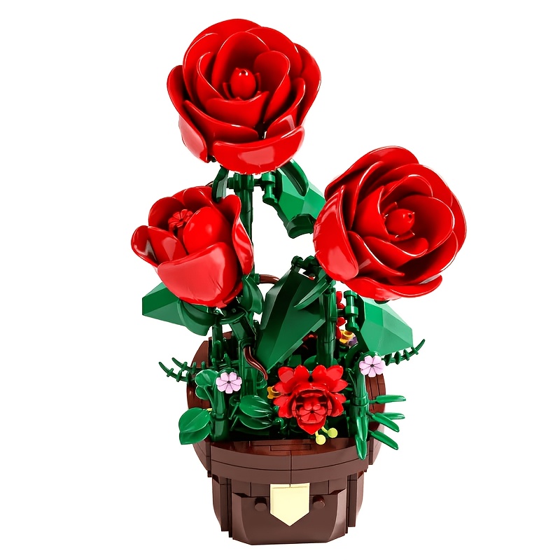 Creative Red Rose Potted Flower Model Building Block